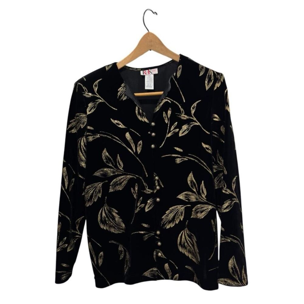 R&K Originals Black & Gold Floral Button Up Blouse with Gold Leaf Print Size 12P